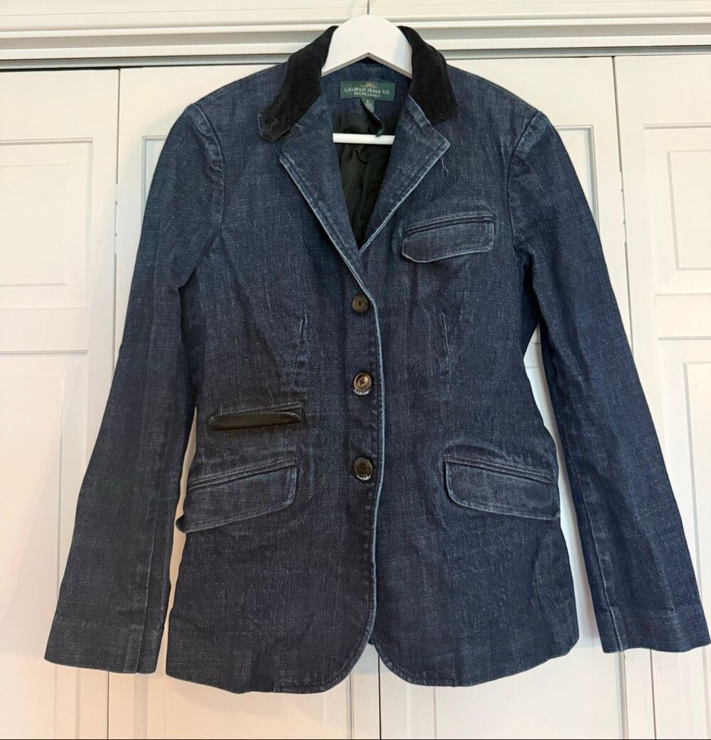 LRL Lauren Ralph Lauren denim blazer corduroy collar size 8 - Picture 2 of 6